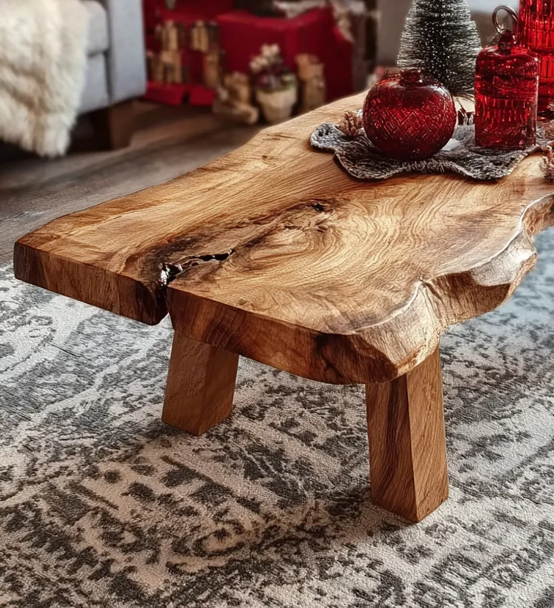 Live Edge Wooden Coffee Table – Rustic Handcrafted Solid Wood Mid Century Accent - Image 3